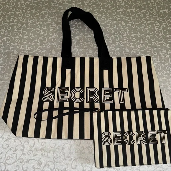 Victoria's Secret Black and White Striped Tote Set NWT - Picture 7 of 15